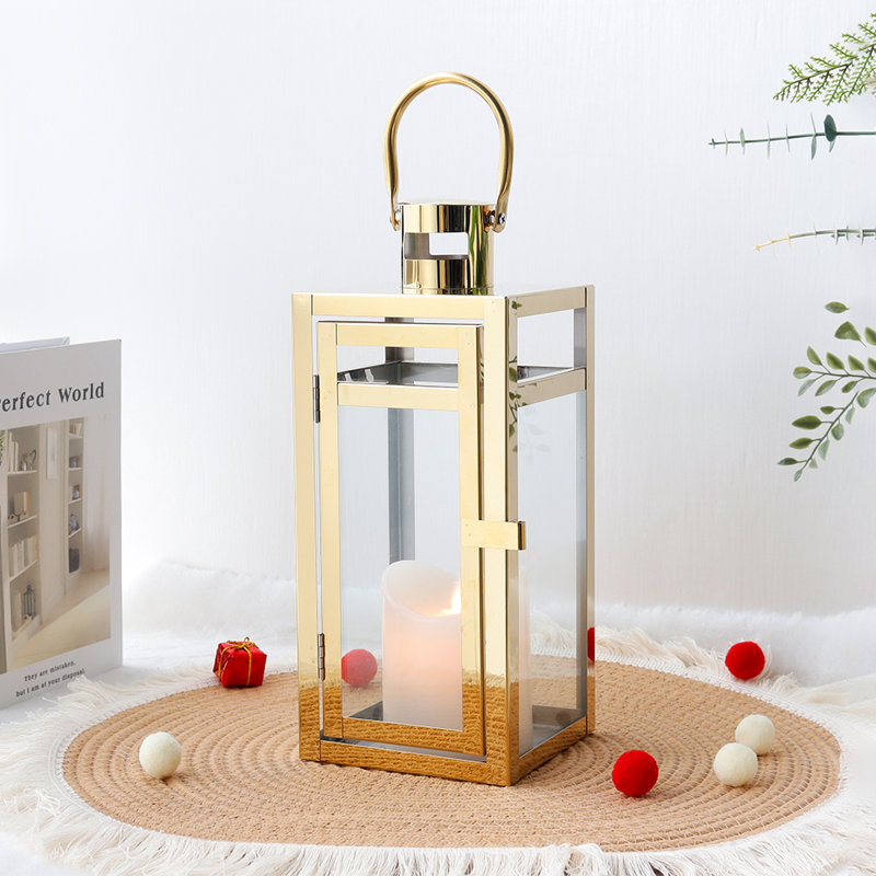 11.81'' High Stainless Steel Decorative Lantern With Tempered Glass, Gold
