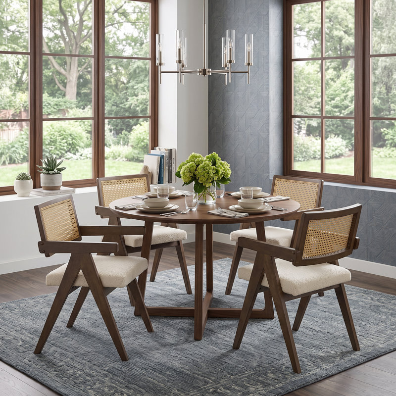 Upholstered Dining Chair with Woven Rattan Back, Walnut