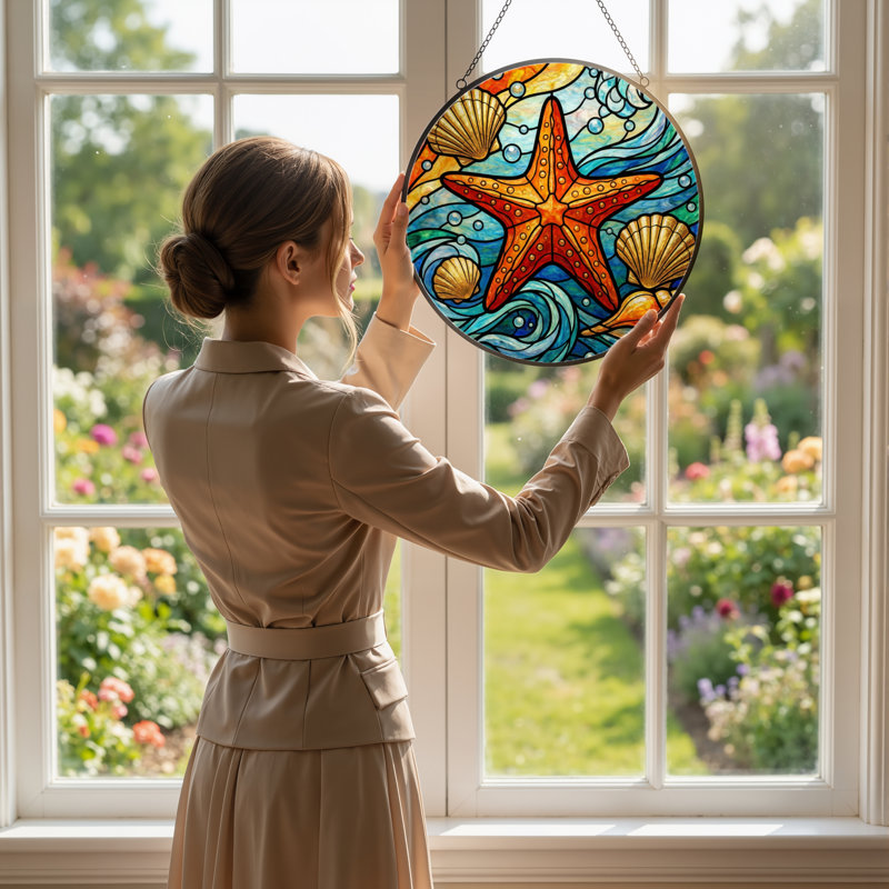 Panneau de vitrail 12 "H Starfish Seashell, H 12 po x l 12 po