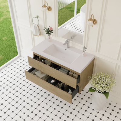 Meuble-lavabo flottant avec lavabo, armoire de rangement murale pour ranger les articles essentiels, tiroirs à fermeture en douceur et comptoir de qualité supérieure