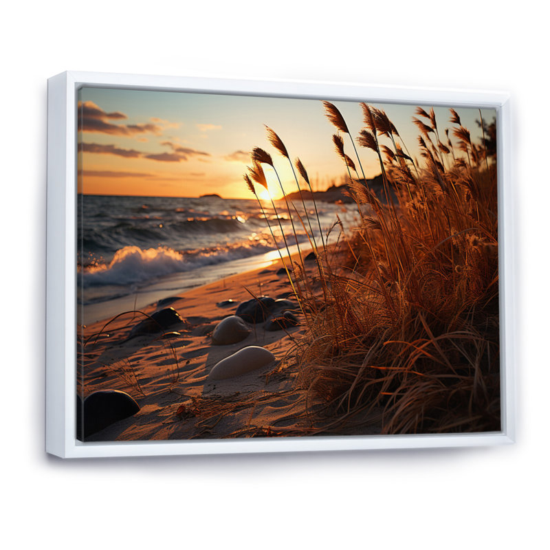 Amanollah Grass Sunrise Beach sur toile, H 16 po x l 32 po x P 1 po, Cadre flottant blanc