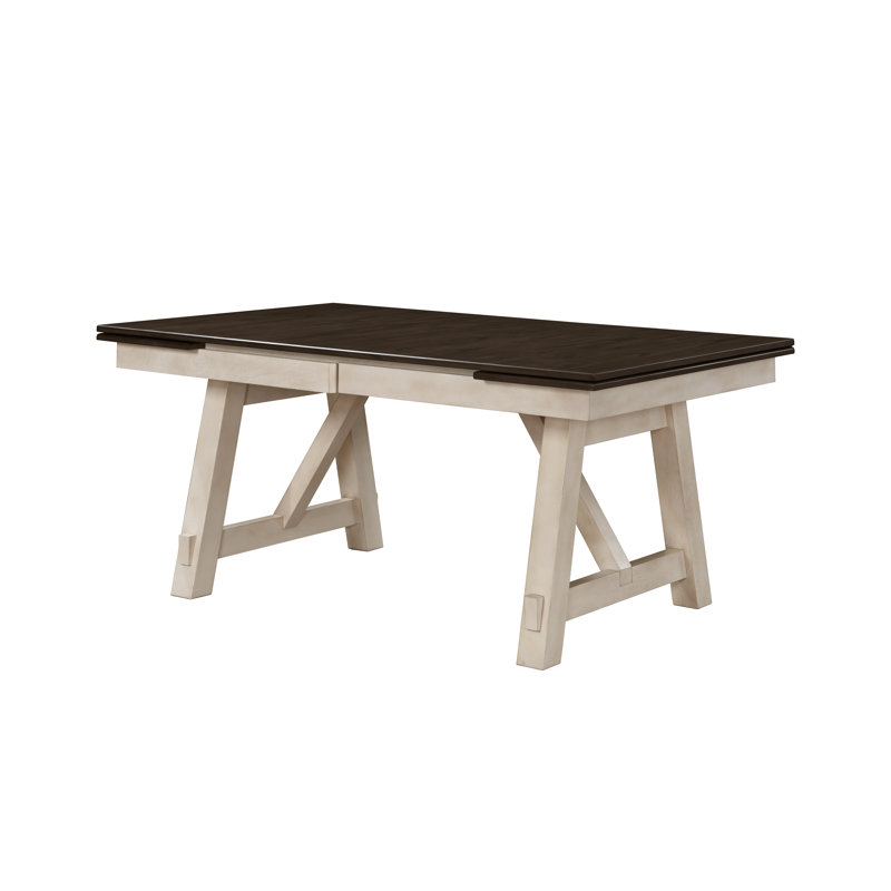 Table de salle à manger extensible de style maison de campagne avec feuilles autoportantes, base à tréteaux, finition bois bicolore crème et grise