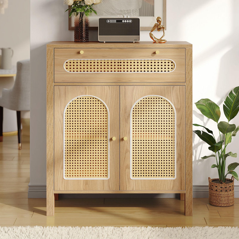 Storage Cabinet with Rattan Doors, Natural Wood