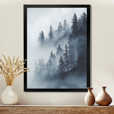 Tableau encadré en noir et blanc représentant une forêt brumeuse en hiver - Tableau de forêt