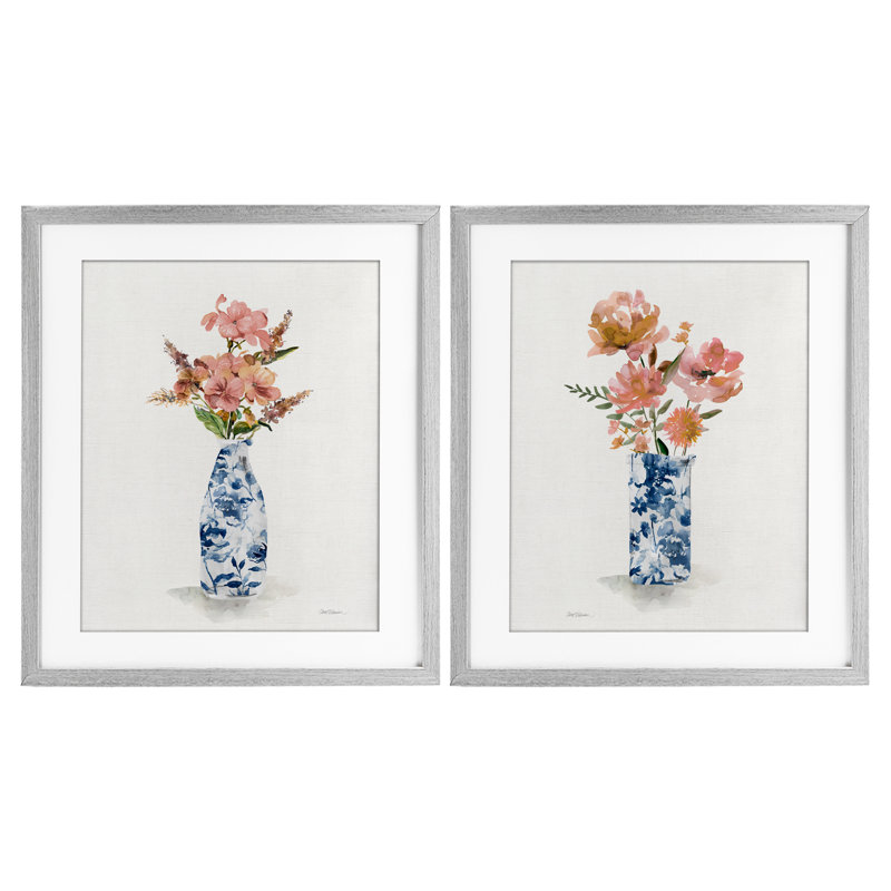 Ensemble de 2 fleurs encadrées chinoises à motif de bouquets roses, design par Carol Robinson, H 21 po x l 17 po