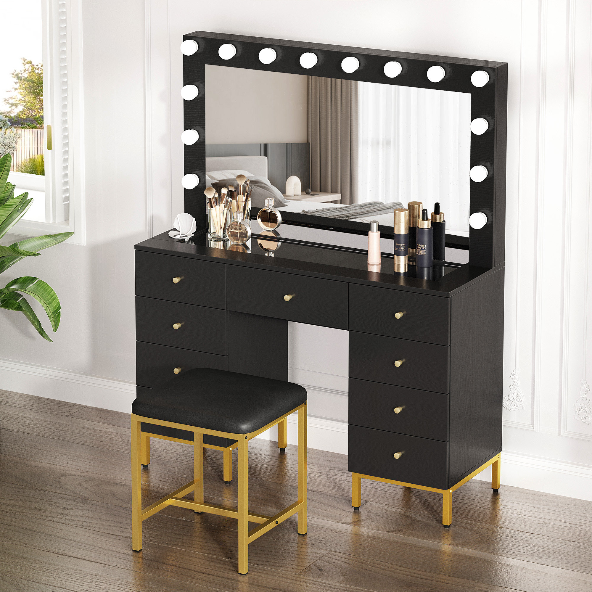 Haymarket Vanity Set with Adjustable 3 Color Light Mirror & Power Outlet,  Glass Top, 9 Drawer, Bench