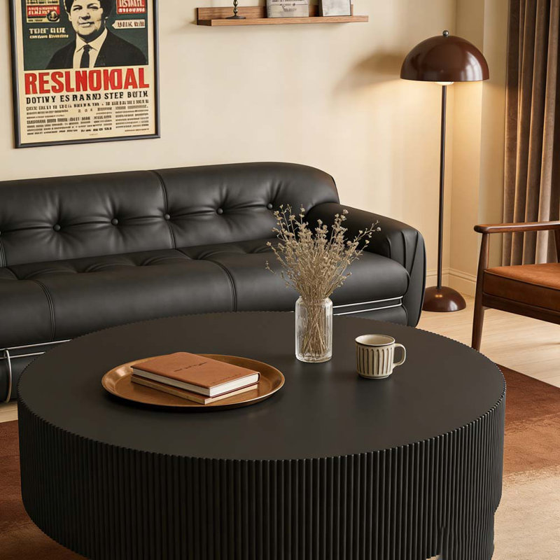 Round Coffee Table with 6.8" Thick Tabletop, Modern Drum End Table, 13.7" H x 31.5" L x 31.5" W, Black