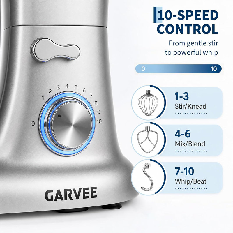 Robot pâtissier à tête inclinable de 5,3 litres (4,8 L), 10 vitesses, 500 W, Argent