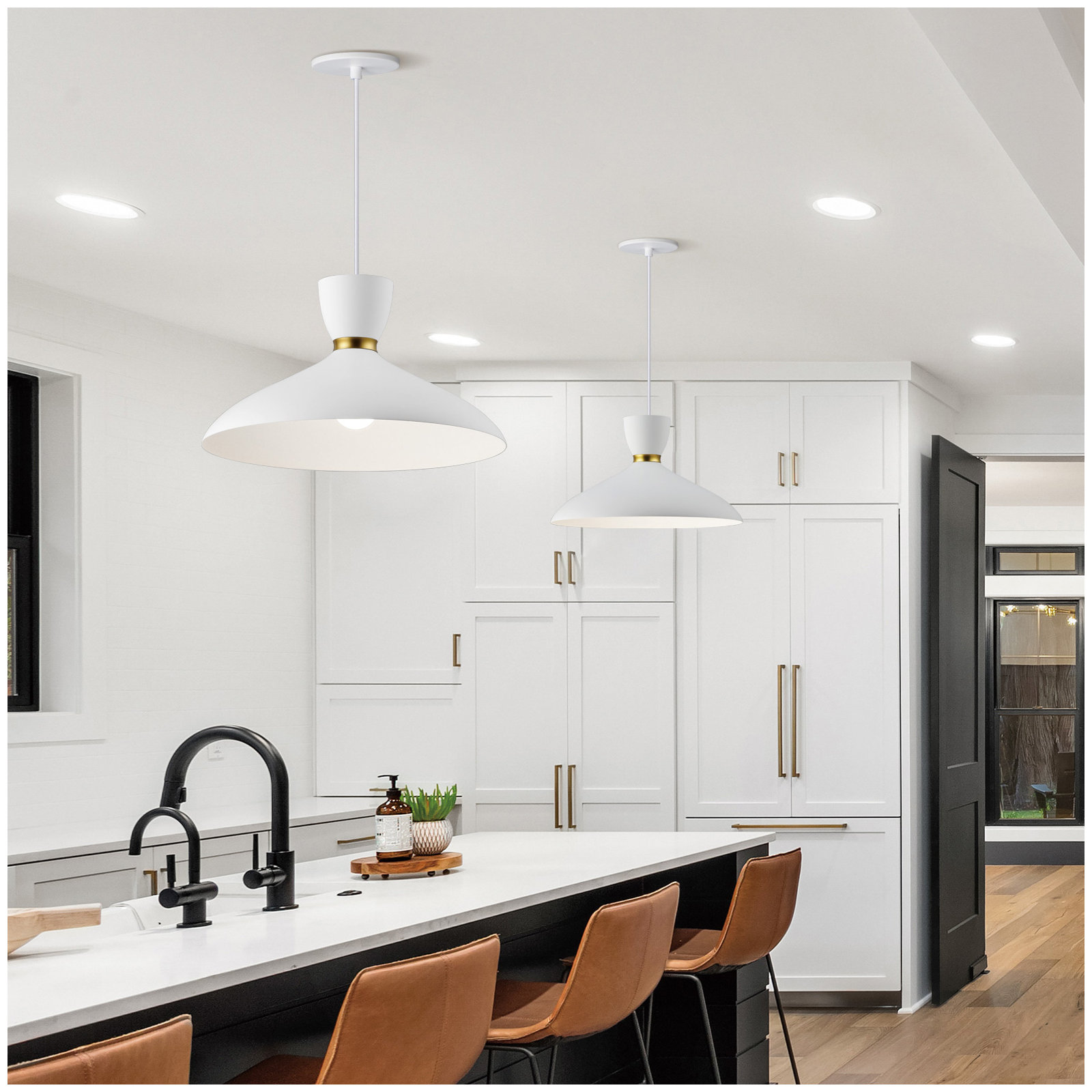 Single Light Aluminum Dimmable Pendant, Satin Brass/White