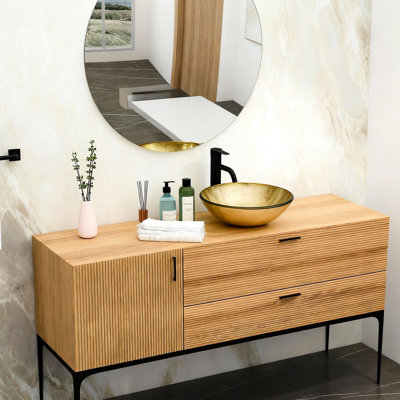 Lavabo vasque de salle de bain en verre trempé texturé doré artistique avec robinet noir et bonde escamotable, idéal pour les vestiaires, 16,5 x 5,5 pouces, facile à nettoyer, installation au-dessus du comptoir