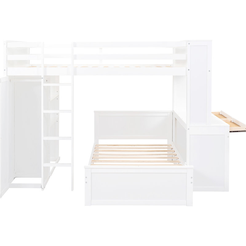 Lit mezzanine blanc avec lit double, lit simple, tablettes, bureau et garde-robe. Maximisez l'espace de la chambre à coucher. Pin. H 65 po x l 78,7 po x L 94,8 po. Pour les familles avec des meubles autonomes. Fabrication solide. Augmenter