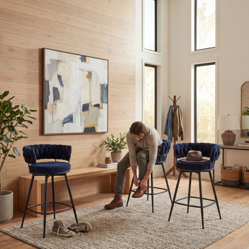 Tabouret de bar rembourré bleu moderne avec dossier tissé et tabouret à hauteur de comptoir fixe en métal noir pour cuisine