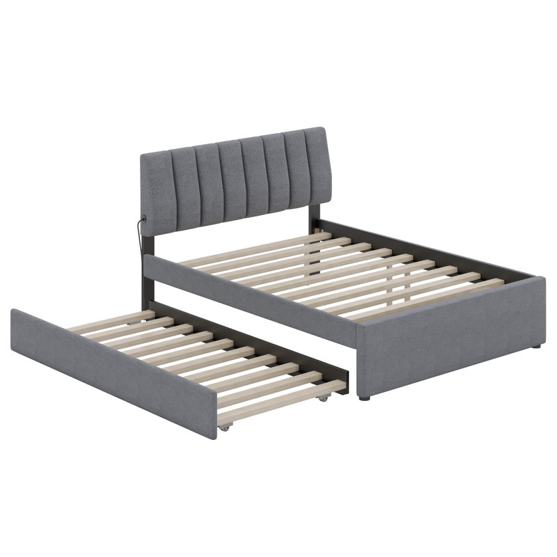 Lit plateforme tapissier avec lit gigogne Teddy, gris
