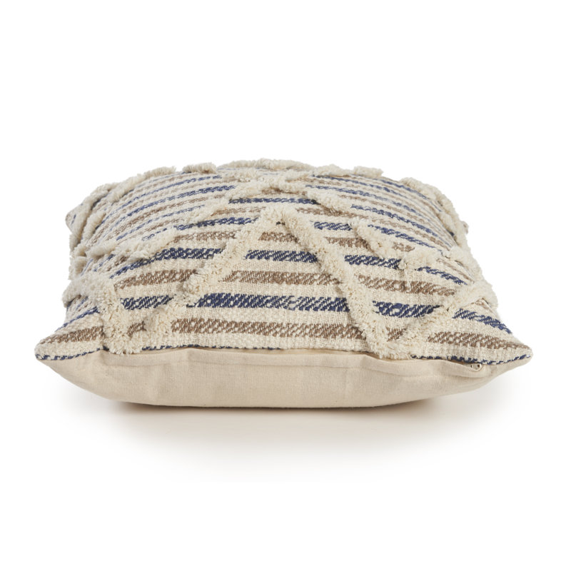 Ox Bay Textured Striped Blue and Beige Cotton Throw Pillow, 18" x 18"
