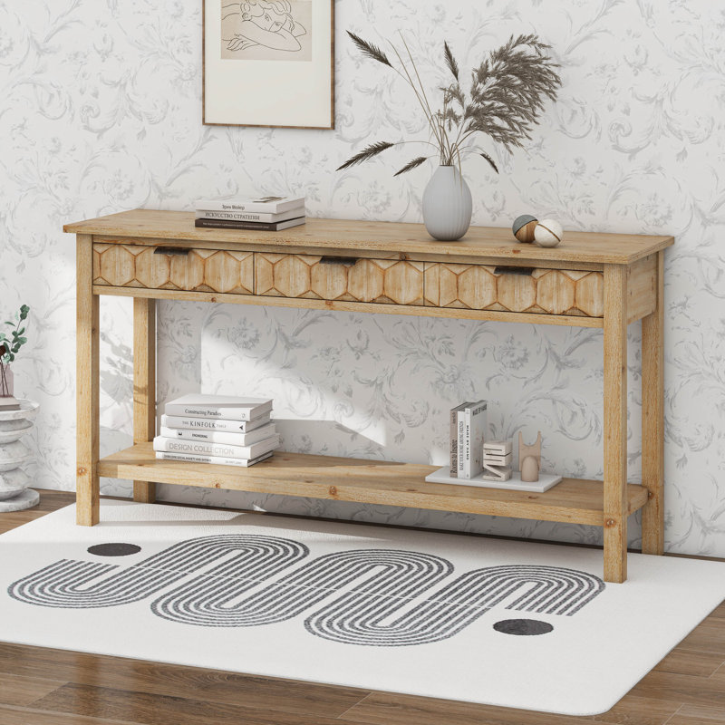 Table d'entrée en placage avec façades en nid d'abeille, console moderne élégante à 3 tiroirs, Naturel