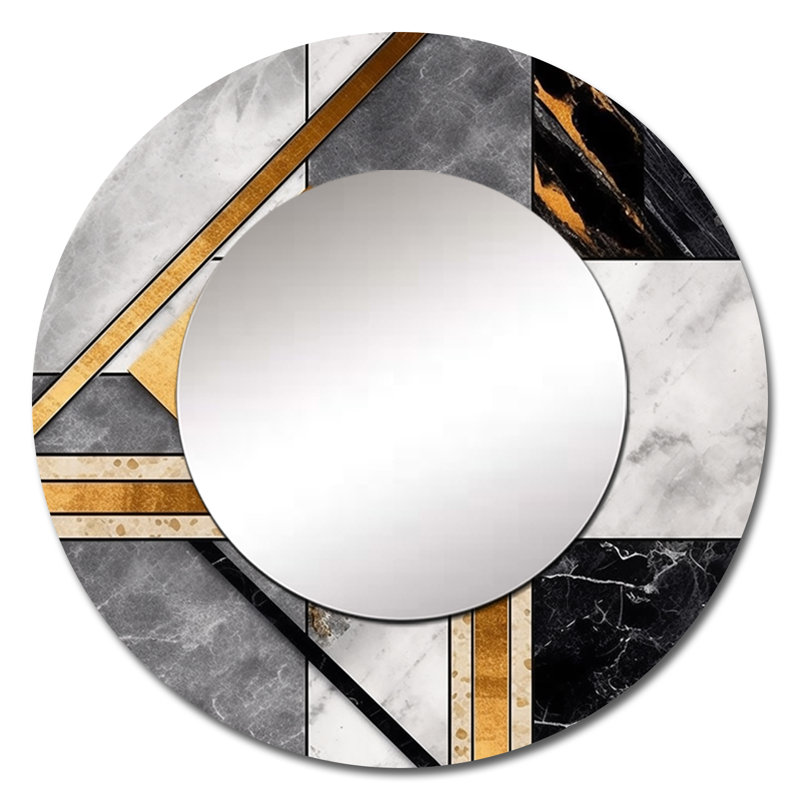Marbre granit agate avec touches dorées - miroir mural décoratif géométrique, grand miroir rond moderne, art imprimé en métal