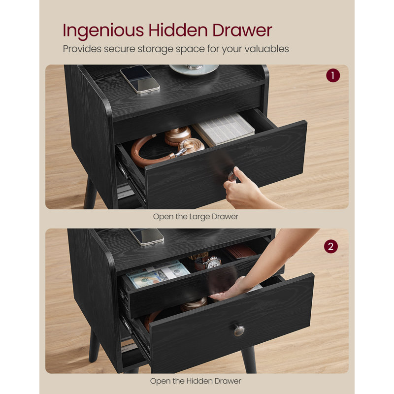 2 Drawer Nightstands With Hidden Drawers, Solid Wood Legs, Ebony Black