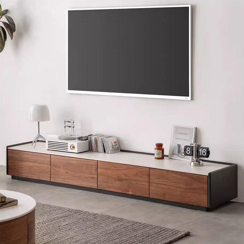 White+Tan Stone+Solid Wood TVStands, 70.87"