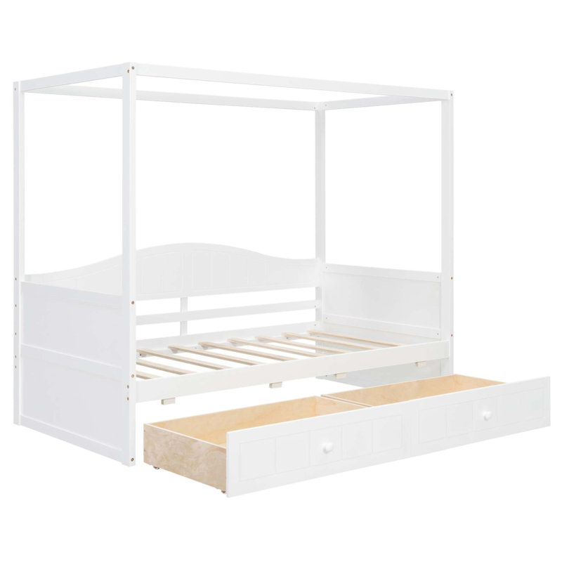 Lit de jour simple à baldaquin en bois avec 2 tiroirs, finition élégante et rangement compact pour les chambres modernes (sans matelas)