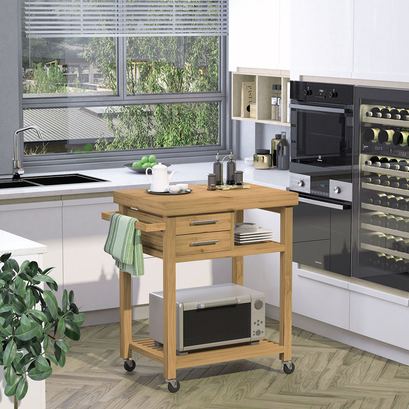 Îlot de cuisine en bambou sur roulettes avec 2 tiroirs et tablettes, solution de rangement durable et mobile