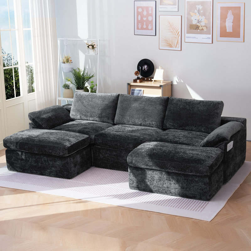 Canapé modulaire réversible 5 pièces avec 2 repose-pieds Cloud, Tissu chenille gris foncé