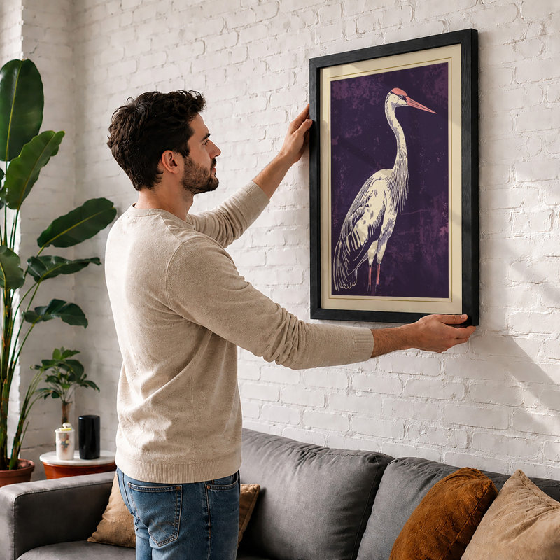 Heron in Twilight Japandi - Framed Print, A1 - 84.1 x 59.4 cm, Unframed