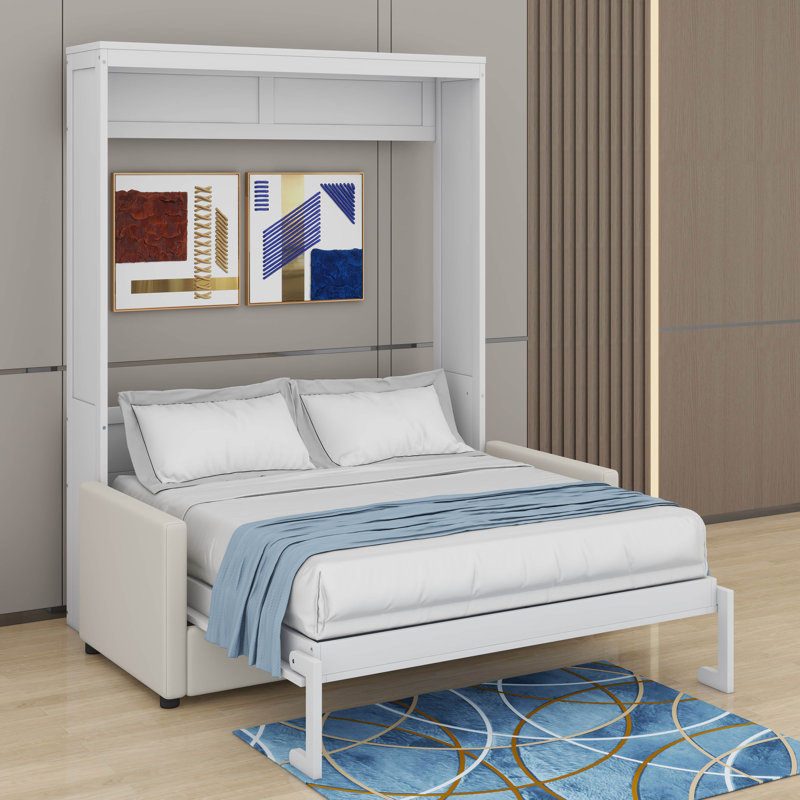 Lit escamotable double pleine grandeur avec coussin, Blanc