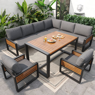 Outdoor Sofa Set With Acacia Wood Armrests, Metal Frame & Splash-proof Cushions