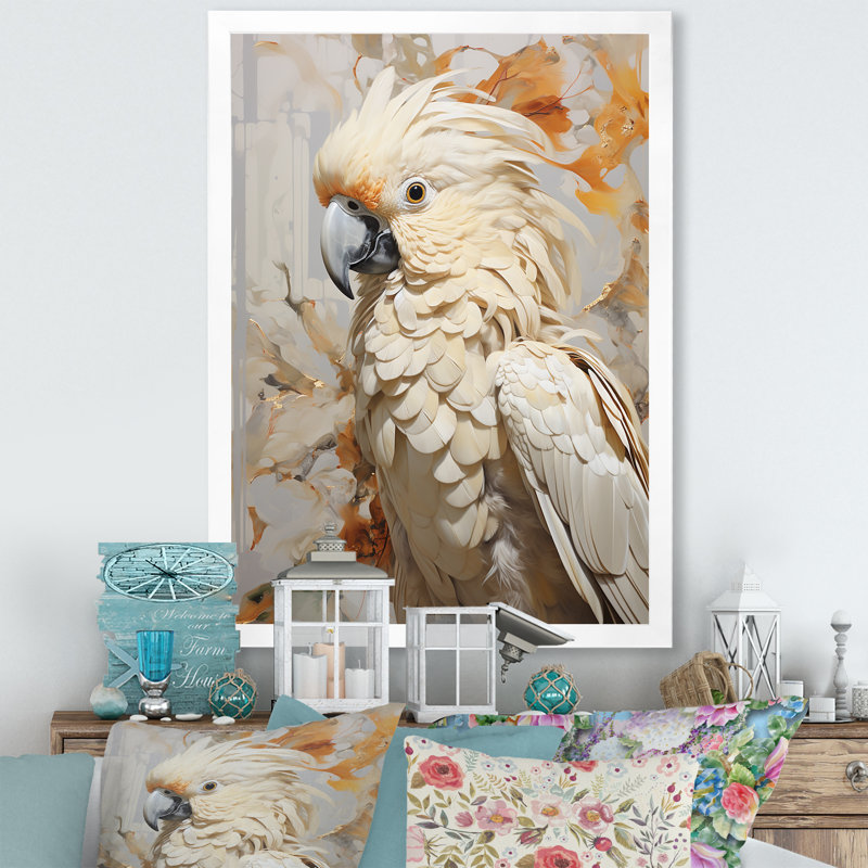 Perroquet beige à plumes élégance II, Cadre simple blanc, H 20 po x l 12 po x P 1 po