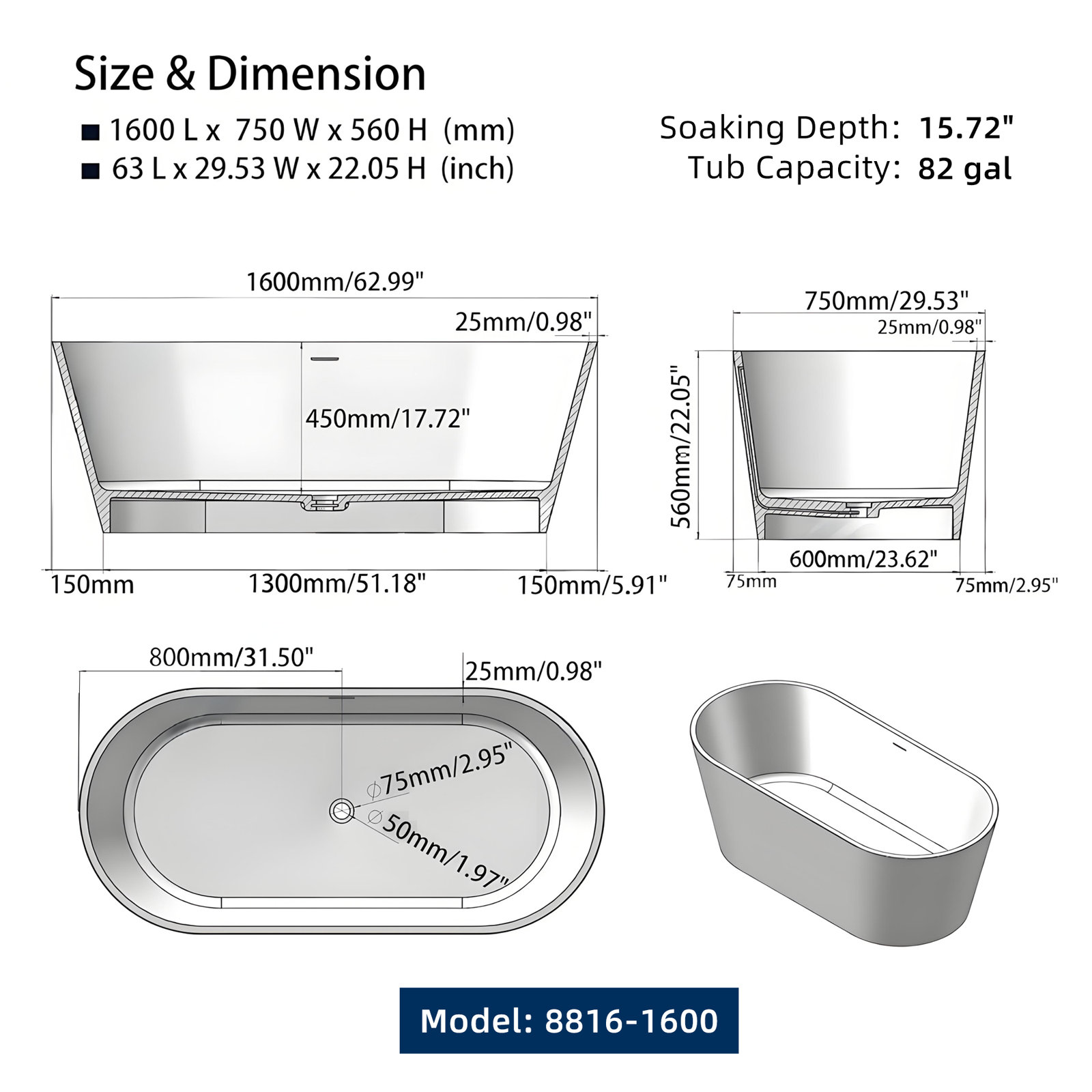 Solid Surface Oval Freestanding Soaking Bathtub, 62.99" L x 29.53" W x 22.05" H