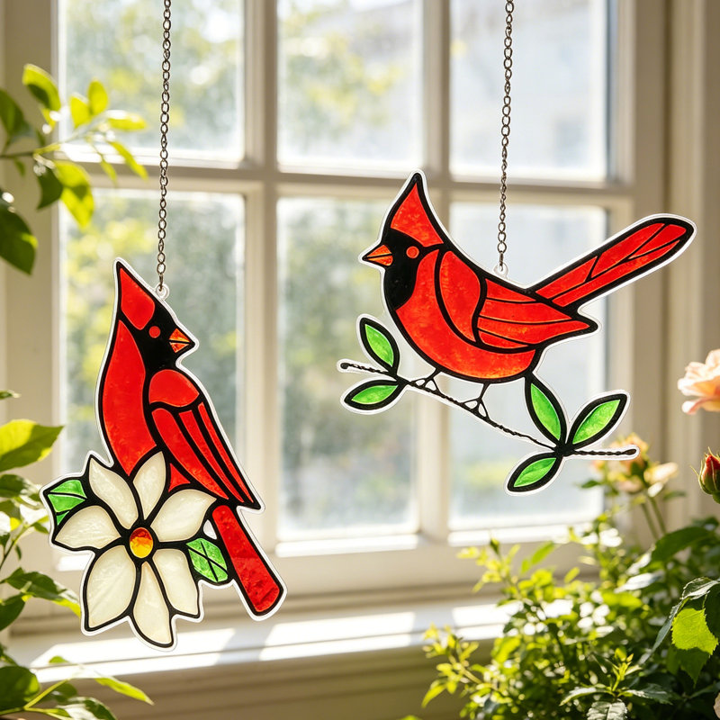 Ensemble de 2 décorations d'oiseaux suspendus style vitrail en acrylique Cardinal Suncatcher