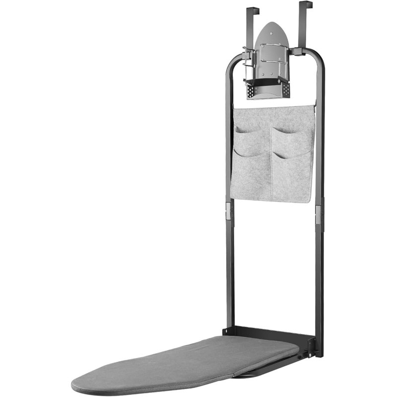 Over the Door Ironing Board 13x36 inches with Iron Holder and Pocket Storage Bag, Hanging Iron Board for Home Laundry Room, Black