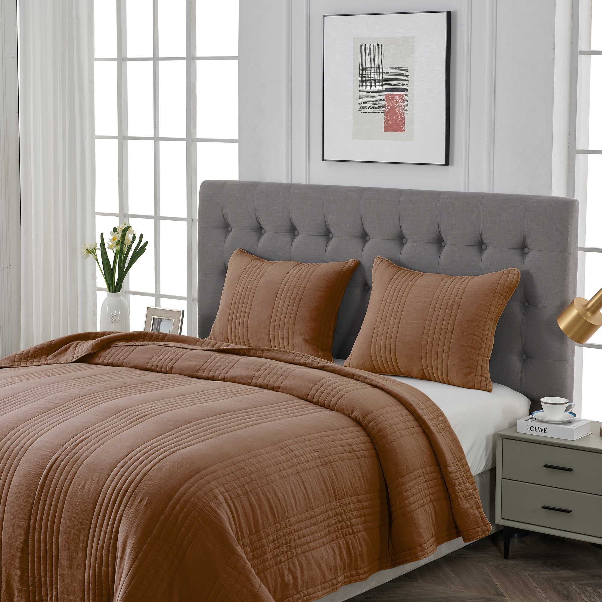 Cotton Quilt Set, Rust Orange, Queen Quilt + 2 Standard Shams