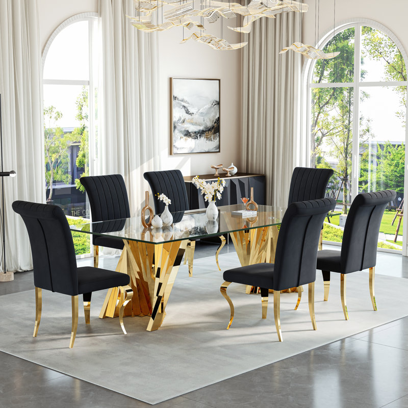 Rectangular Glass Dining Table Set For 6 People, Sleek Modern Design With Sculptural Metal Base, 94.49'' L X 47.24'' W