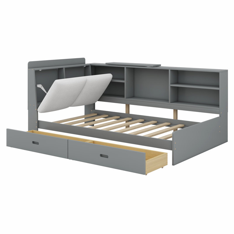 Lit plateforme en bois avec tablettes et 2 tiroirs, tête de lit avec rangement, Gris