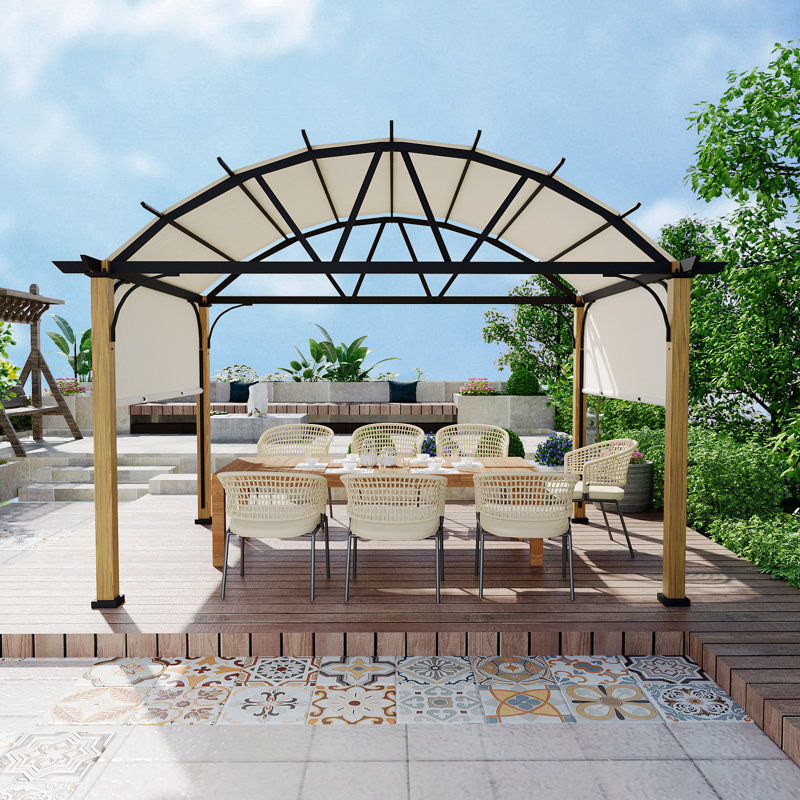 Pergola d'extérieur en aluminium à grain de bois avec auvent arqué, H 110,2 po x l 157,5 po x P 118,1 po