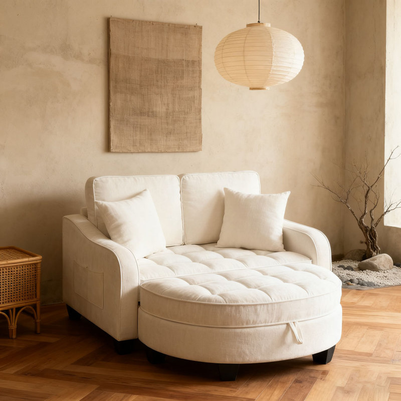 Canapé avec accoudoirs et dossiers irréguliers, repose-pieds avec espace de rangement, Beige