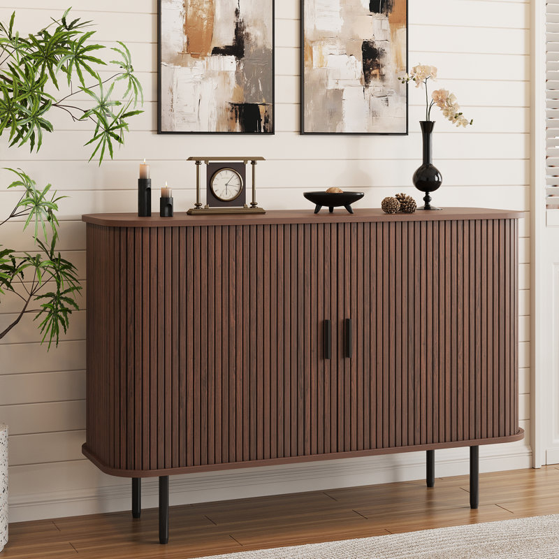 Buffet Buffet avec rangement, armoire de rangement cannelée noire avec bord arrondi et portes coulissantes, café, console d'appoint avec crédence pour la vie, la cuisine, le couloir