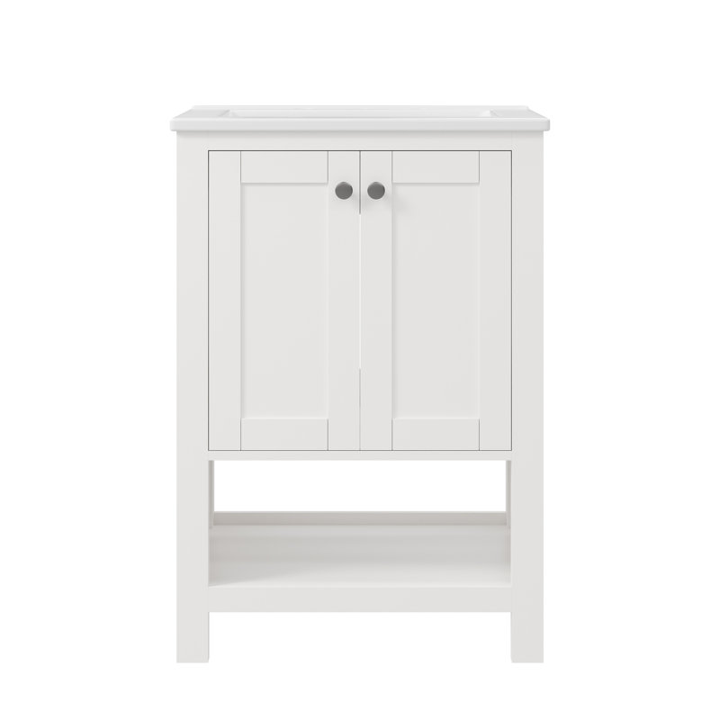 24" White Solid Wood Freestanding Bathroom Vanity with Ceramic Sink