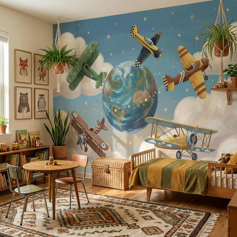 Papier peint d'avions, fresque murale fantaisiste sur le thème de l'aventure, 120"x96", Peel and Stick