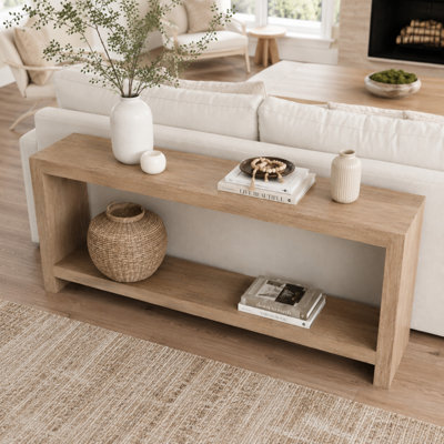 Console de style champêtre de 160 cm avec rangement ouvert à 2 niveaux, en bois massif et MDF, table d'entrée étroite, style rustique naturel