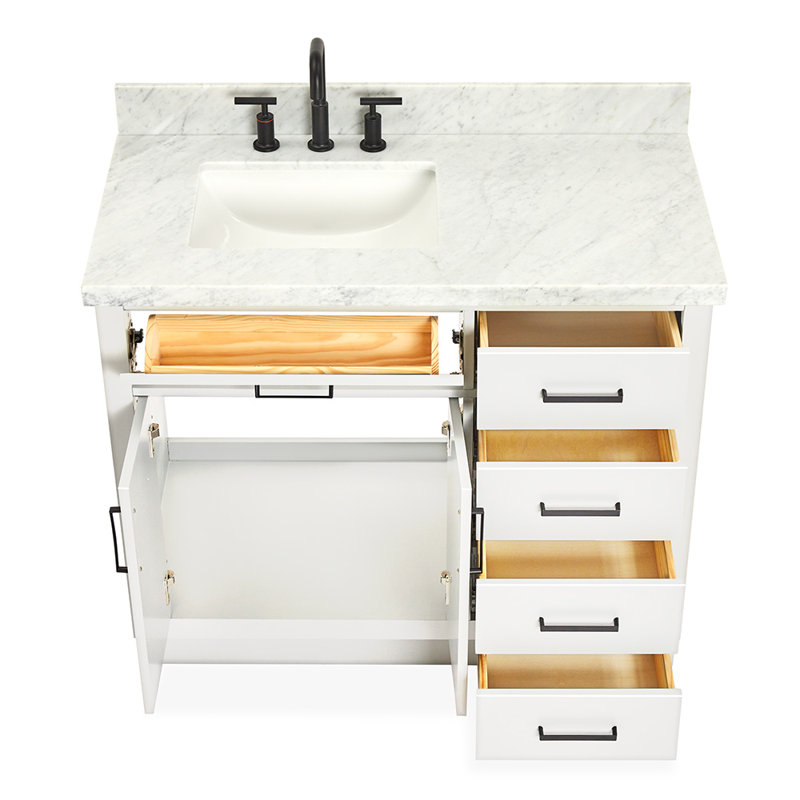 Meuble-lavabo simple en bois massif Tidworth de 42 po avec plateau en marbre de Carrare de 1,5 po, Gauche, Blanc