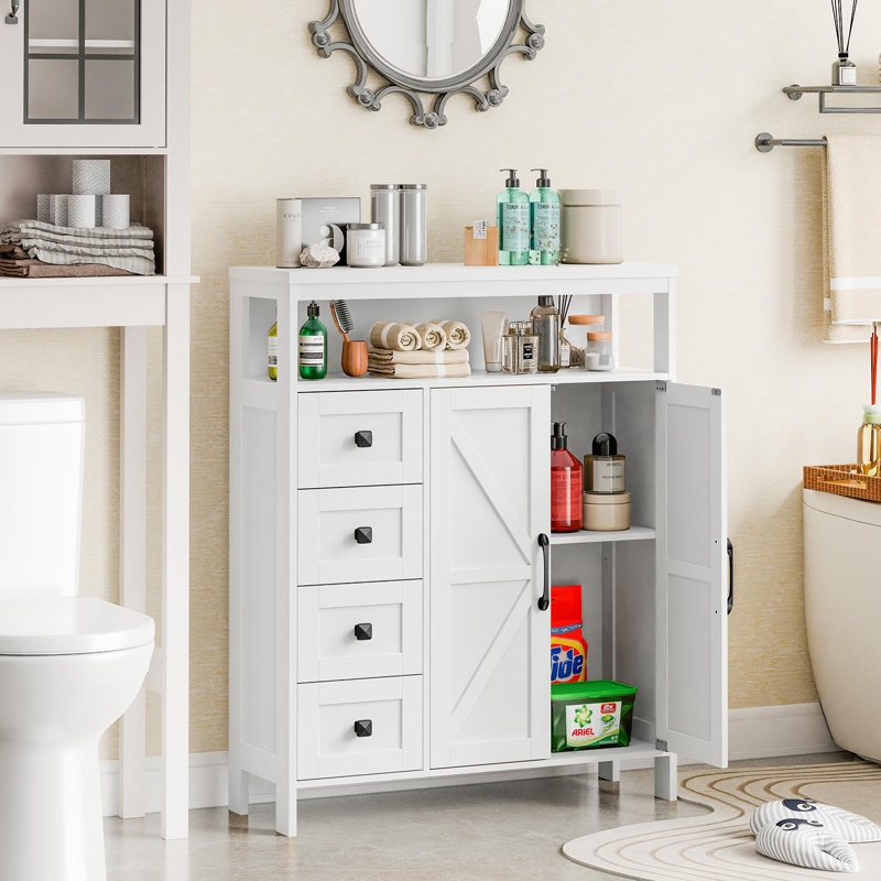 Armoire de rangement Farmhouse avec 2 portes et 4 tiroirs, Blanc