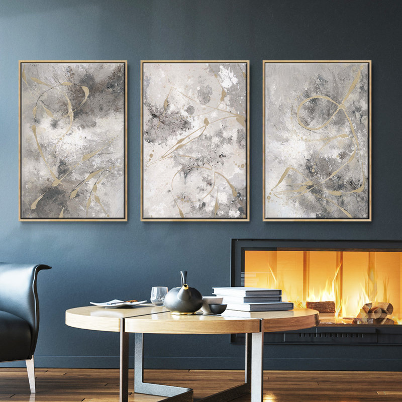 Freestyle I - Ensemble de 3 cadres flottants sur toile, Bois naturel, H 40 po x l 78 po