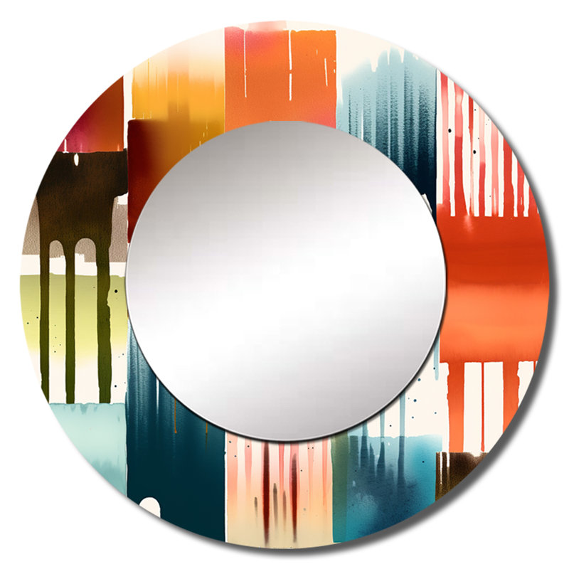 Skantze orange et bleu artistique expressions I - miroir géométrique, miroir mural rond unique moderne, impression sur métal