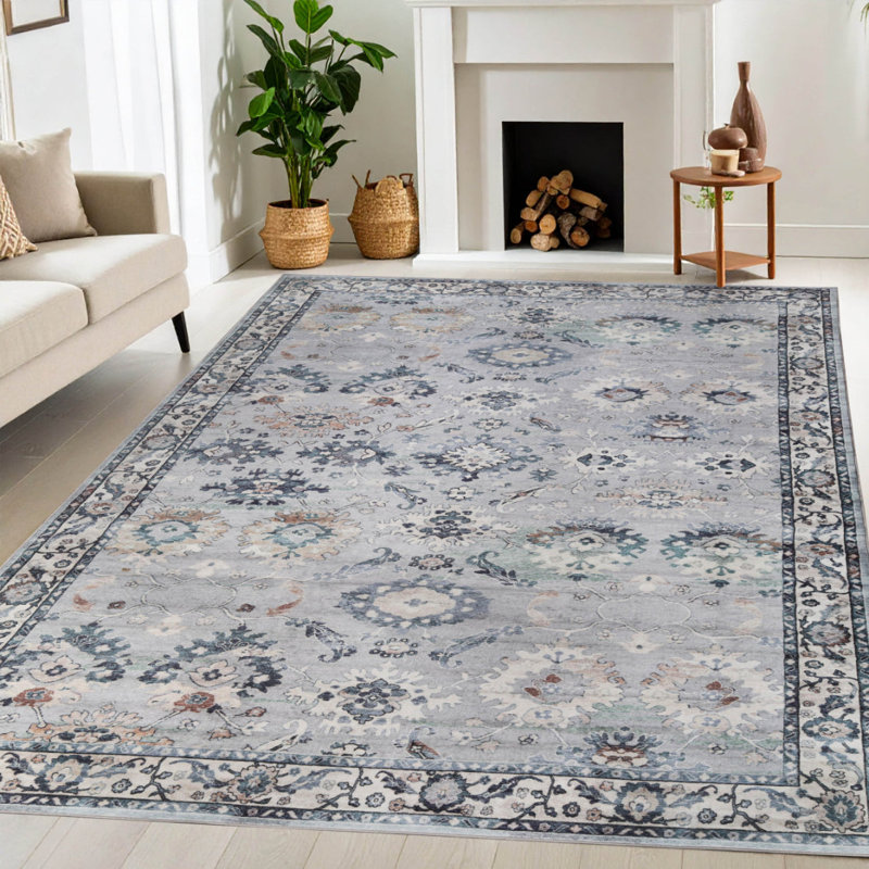 Flara Vintage Floral Border Washable 100% Nylon Indoor Area Rug, Rectangle 10' x 14'
