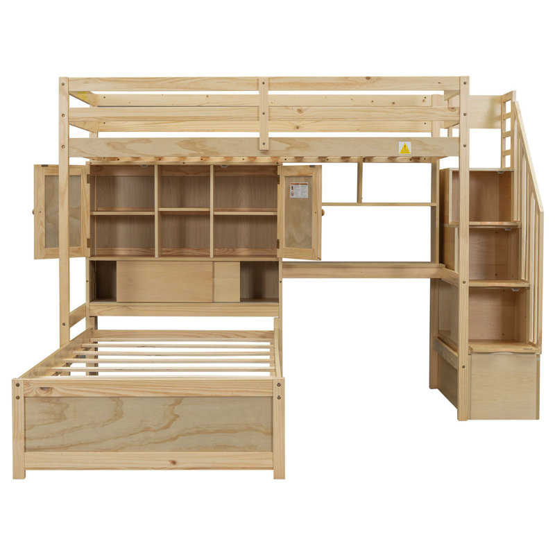 Lit mezzanine simple au-dessus de simple avec bureau intégré et escalier, avec compartiments de rangement et tablettes