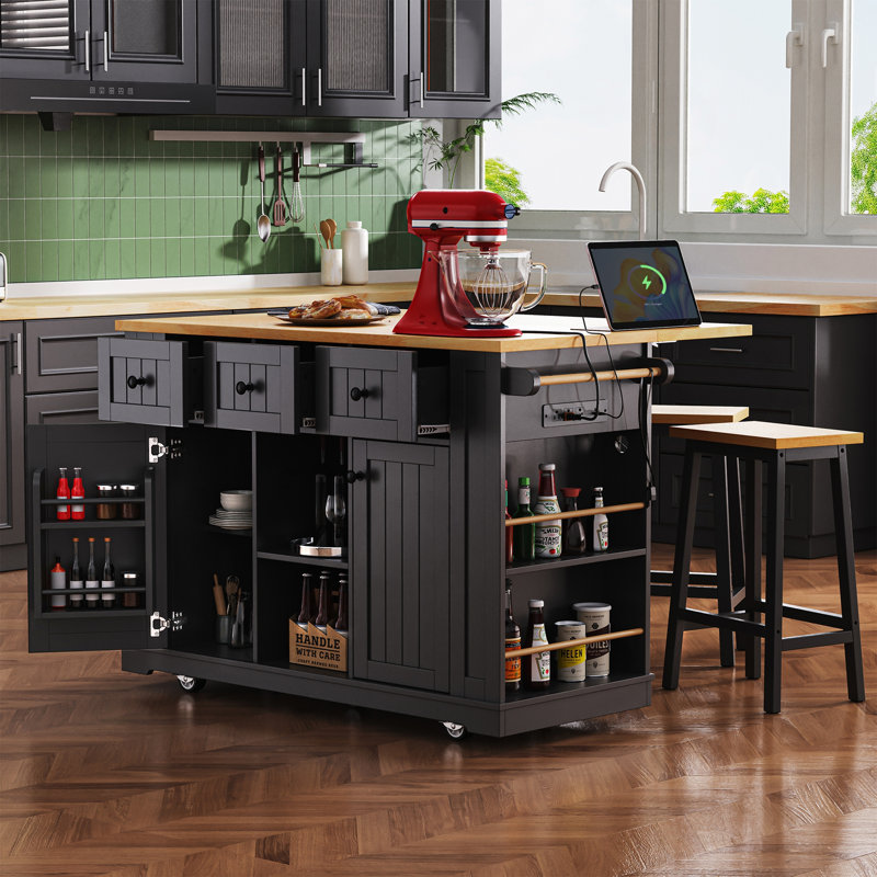 Îlot de cuisine avec 2 tabourets de bar et prise de courant, Noir, H 36,4 po x l 53,14 po x P 29,52 po