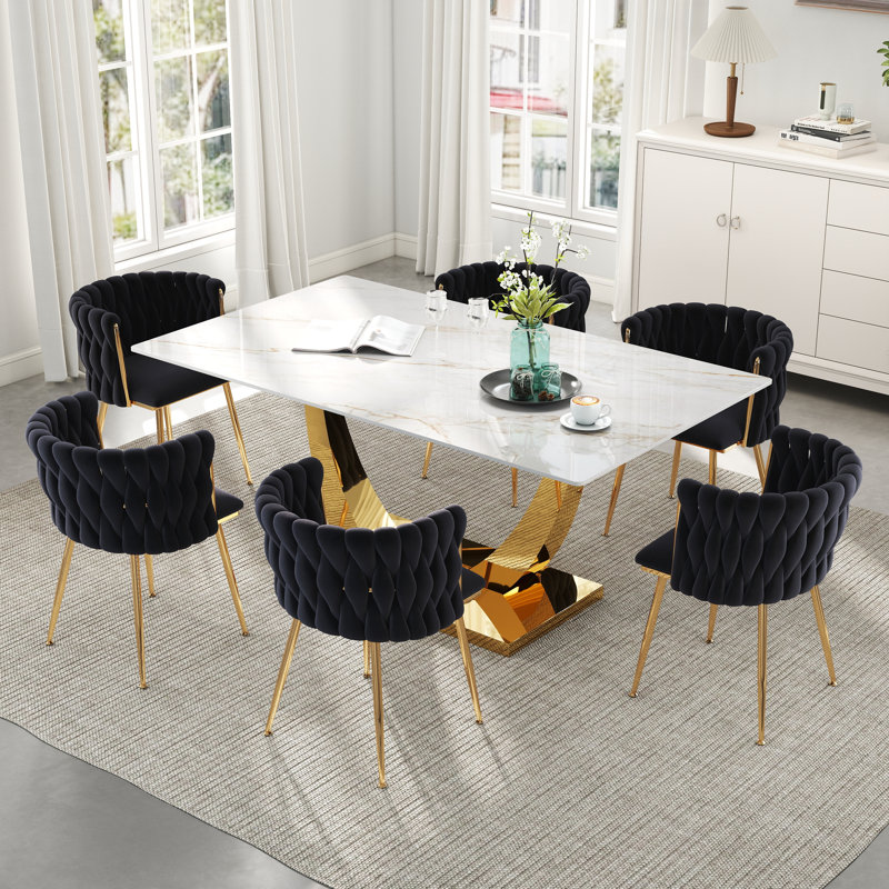 Ensemble de salle à manger rectangulaire à piédestal avec chaise tissée, Noir, H 29,5 po x L 63 po x l 35,4 po