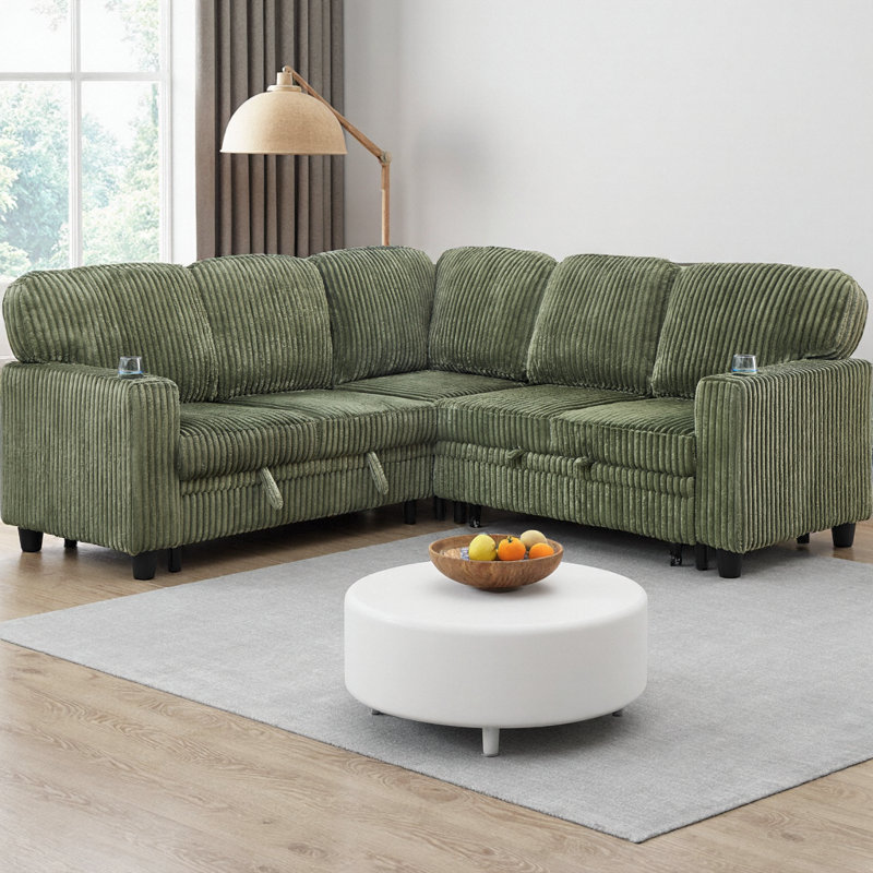 5-Seater L-Shaped Sectional Sleeper Sofa Bed with Storage & USB Charging, Pull-Out Convertible Corduroy Couch for Living Room & Apartment, Multi-Functional 2-in-1 Design